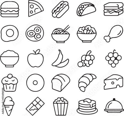 Collection of simple line art icons representing various popular food items and meal