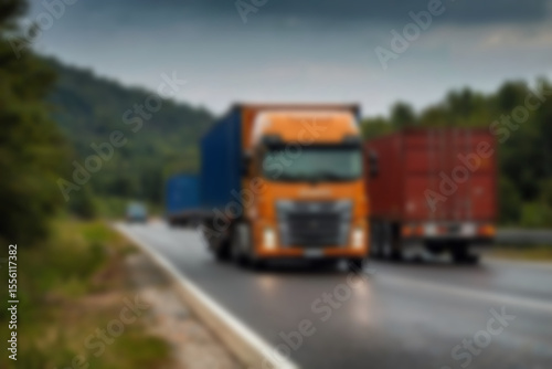 Blurry photo of container truck carrying large containers on highway with beautiful sunset.