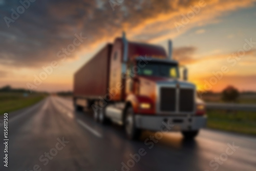 Blurry photo of container truck carrying large containers on highway with beautiful sunset.