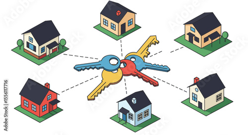Real estate concept vector illustration: colorful keys and houses for design and print, flat style