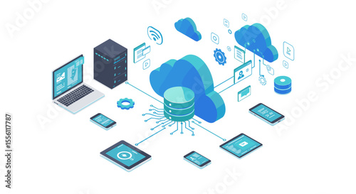 Cloud computing network and data storage: isometric vector illustration for technology design