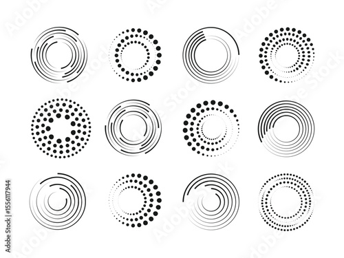 Abstract dotted and lines circles, Round halftones geometric dots gradient and pop art texture. Modern polka dot texture for digital and print design. Round dotted pattern. Vector illustration.