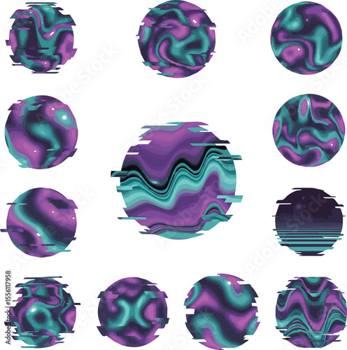 Create a kinds of deferent Retro futuristic circle design shapes with glitch and liquid effect. Trendy Vaporwave in 80s-90 style. Holographic illuminated shapes vector art ..