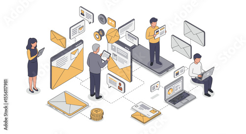 Email communication network concept vector illustration - isometric design for digital marketing