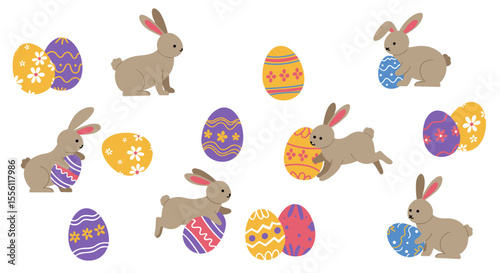 Easter bunny and egg vector illustration for spring holiday design in cute flat style