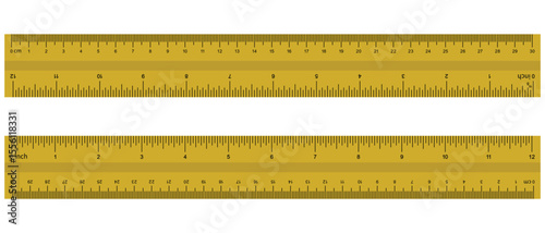 Ruler inches and cm scale on both sides. Inch, cm metric rulers. inch and centimeters double side measurement  yellow isolated rulers. Measuring tool. Ruler 30 cm, 12 inch. Vector illustration.