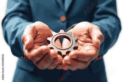 Create a Teamwork business concept. Effective cooperation. Hand drawn style vector design illustrations. Achieving results joint efforts. Gear hold in hands mans. Isolated vector art white background.