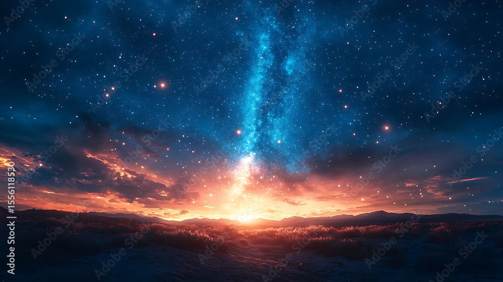 Fototapeta premium Majestic milky way galaxy shines above earths landscape under a vibrant sunset sky full of stars
