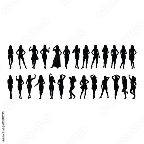 Black silhouettes of women in different poses standing and interacting in various ways.