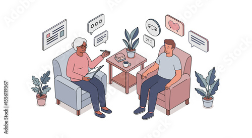 Counseling session vector illustration in flat style: conversation of mental health, therapy, and communication