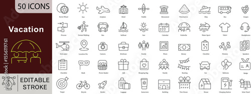 Vacation Travel Holiday Line Icons Set - 50 Editable Vector Symbols for Tourism Trip Adventure Leisure Design Projects