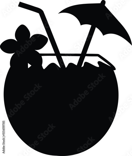 Silhouette of tropical coconut drink with flower, straw, and umbrella on white background
