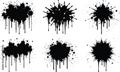 Vector art of collection of six black paint splatters with drips isolated on transparent background, versatile for various designs