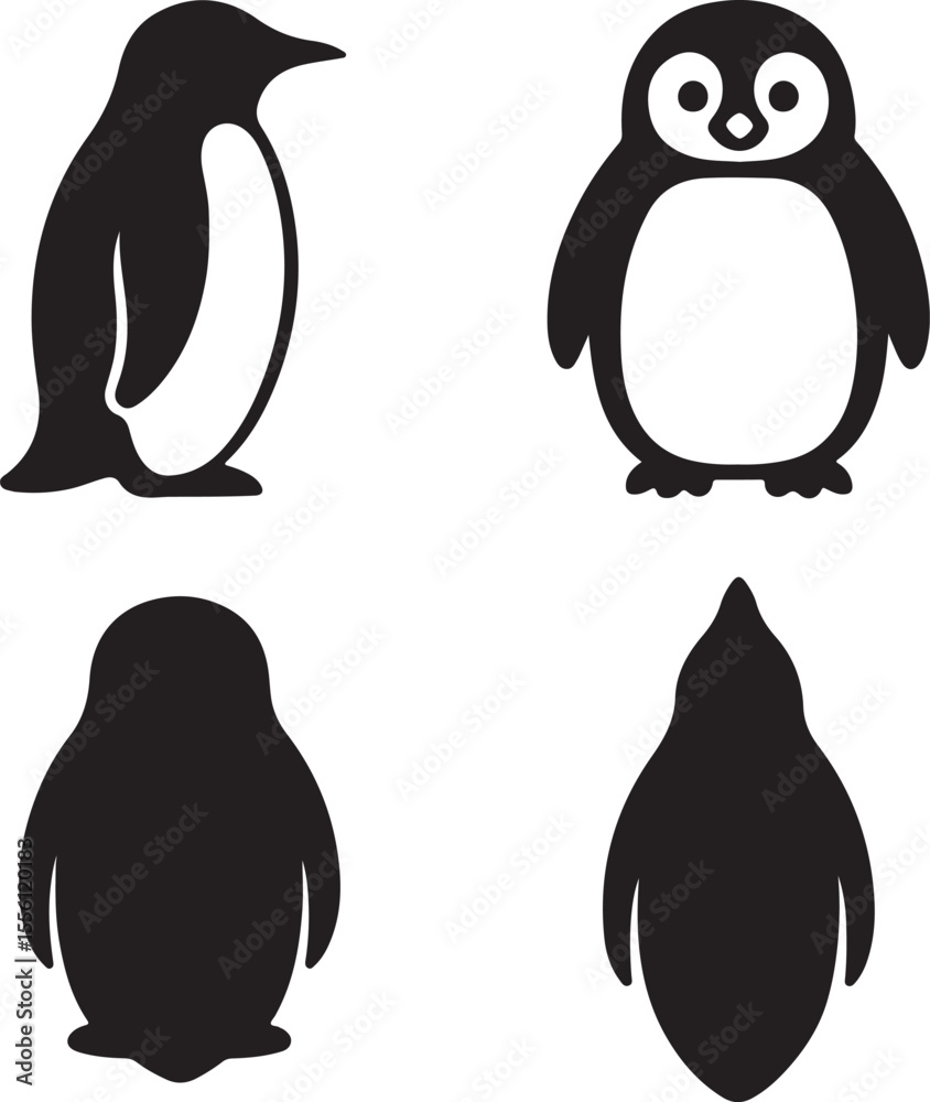 Naklejka premium Penguin silhouette of icons set side, front, back, and top views vector art illustration