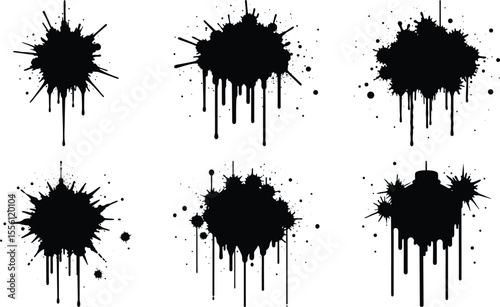 Vector art of six black paint splatters with drips isolated on transparent background, perfect for adding a grunge effect