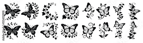 Butterfly Plants Vines Silhouette Vector Set, Artistic black vector bundle of 16 designs featuring butterflies with decorative floral vines for wall art, print, craft and decor use.