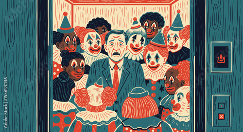 Businessman with coulrophobia scared in overcrowded elevator surrounded by clowns. Man experiencing intense fear and anxiety in confined space filled with clowns.