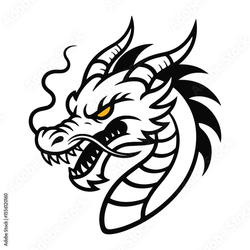 black and white dragon head illustration with fierce expression, sharp details, scales, and horns ideal for tattoos and fantasy artworks