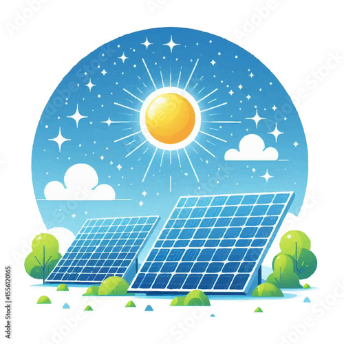 Illustration of a solar panel against a clear sky of sun and clouds as a symbol of clean renewable electricity. Vector graphics. EPS.