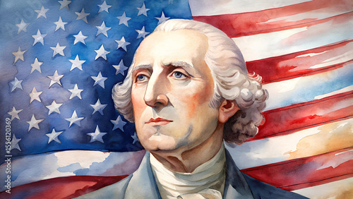 Independence Day 4th of July. Presidents' Day. Watercolor illustration of George Washington against the background of the American flag. photo