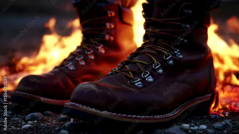 Close-up of durable brown leather work boots standing directly in fire on rocky ground at night