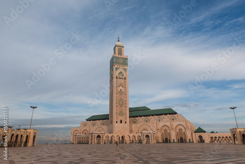 Hassan II Mosque Against Blue Sky – Famous Moroccan Mosque in Casablanca with Beautiful Islamic Geometric Design