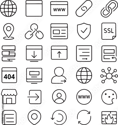 Collection of modern flat line icons representing web and internet services