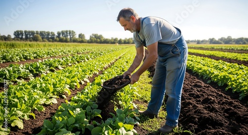 A farmer fertilizing his lush green vegetable garden on a sunny day during the planting season