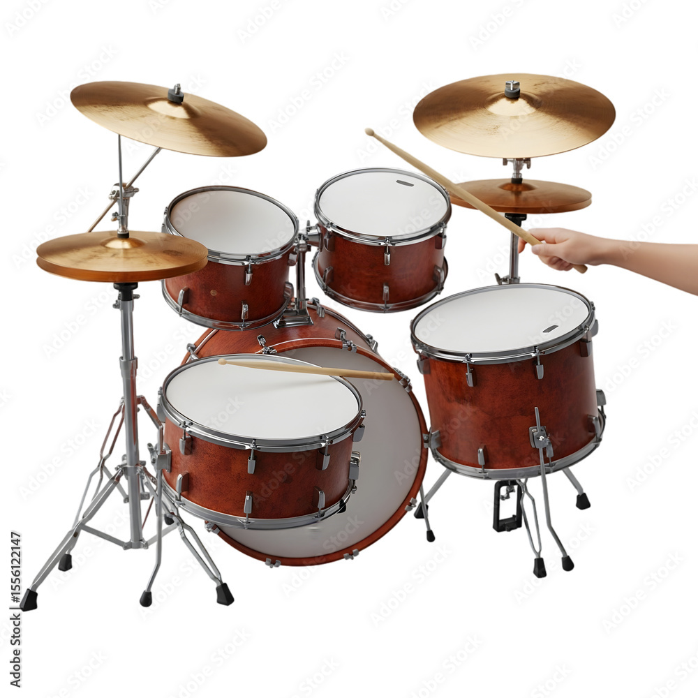 Photo of a brown drum kit, isolated on transparent background, is shown with a hand holding drumsticks, ready to play, capturing the energy and excitement of a musical performance Photo of a brown drum kit, isolated on transparent background, is shown with a hand holding drumsticks, ready to play, capturing the energy and excitement of a musical performance
