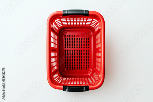 Red plastic shopping basket isolated on white background, top view.