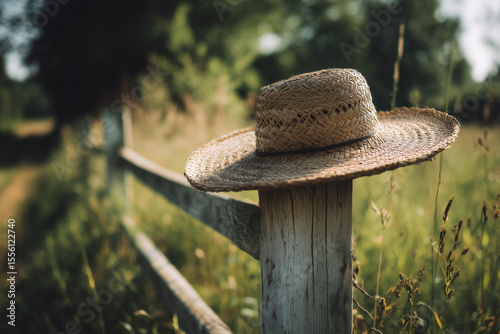 Straw Hat Resting on Wooden Fence Post