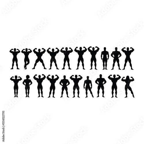 Silhouettes of bodybuilders posing and flexing for a fitness and competition concept