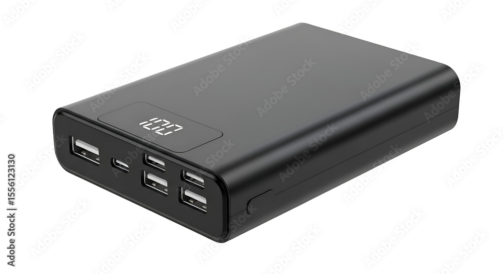 Power Bank: Displays Charge, Multiple Ports, Fast Charging, Portable, Sleek Design, Convenient, USB Ports, Digital Display, Recharge Devices, Black Color, Transparent Background Power Bank: Displays Charge, Multiple Ports, Fast Charging, Portable, Sleek Design, Convenient, USB Ports, Digital Display, Recharge Devices, Black Color, Transparent Background