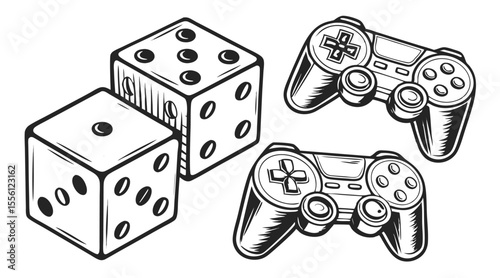 Vintage Dice and Game Controllers Illustration - Retro Gaming Concept