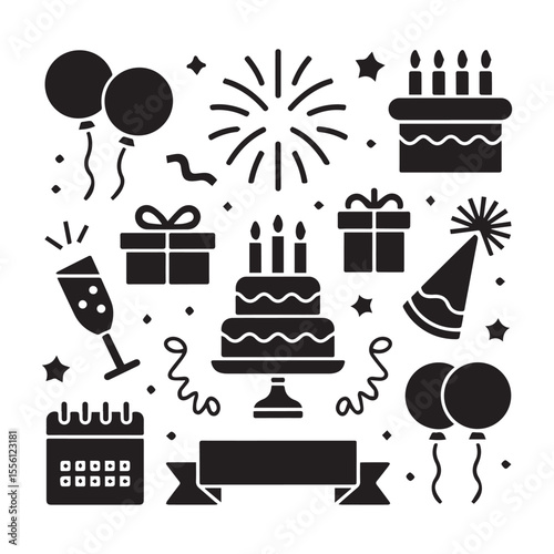 Black holiday and party icons on white background. Include balloons, fireworks, cake, confetti, gift box, champagne, party hat, calendar, streamer, and banner.