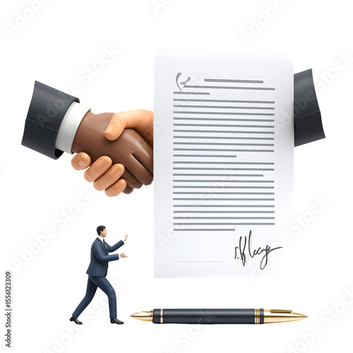 Contract Deal: A symbolic illustration depicts a successful business deal sealed with a handshake. the agreement is cemented with a formal document and pen