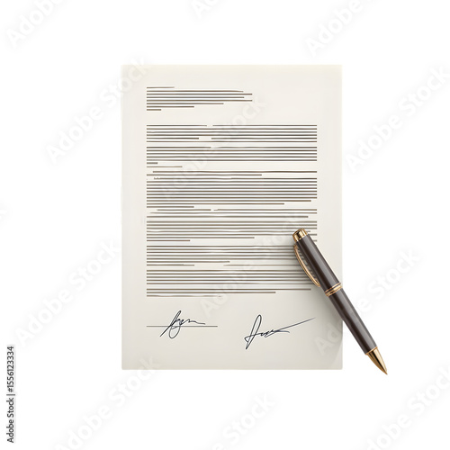 Signed Contract: A contract document with two signatures, lies next to a sophisticated pen.  The scene represents finality, agreement, and legal closure.