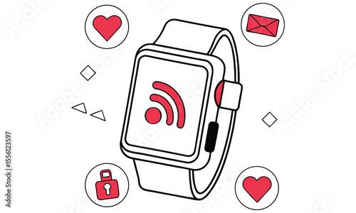 Modern smartwatch displaying a wi fi signal icon with surrounding icons representing communication security and health all in a clean line art style with red accents