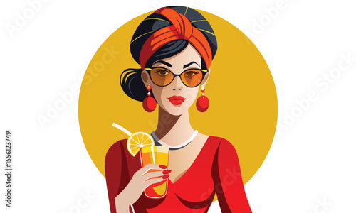Stylish woman in red dress and orange turban wearing sunglasses holding a refreshing orange juice with lemon slice and straw against a yellow circle background