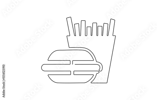Fried potato sticks in modern single line drawing style, in continuous line art. Vector illustration, Restaurant Menu, Logo, Poster, and Banner, Modern Takeout Food Sketch.