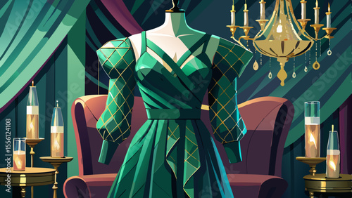A deep emerald green cocktail dress with asymmetrical cuts and mesh sleeves glistens under chandelier light. The fabric falls perfectly over a velvet armchair. Soft shadows, golden accessories, and 