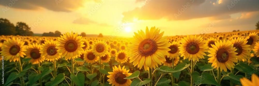 Obraz premium A vibrant, sunlit field of sunflowers facing the sun, embodying the concept of abundant, renewable energy from nature The image conveys positivity and sustainable power , ecology, resources, bloom
