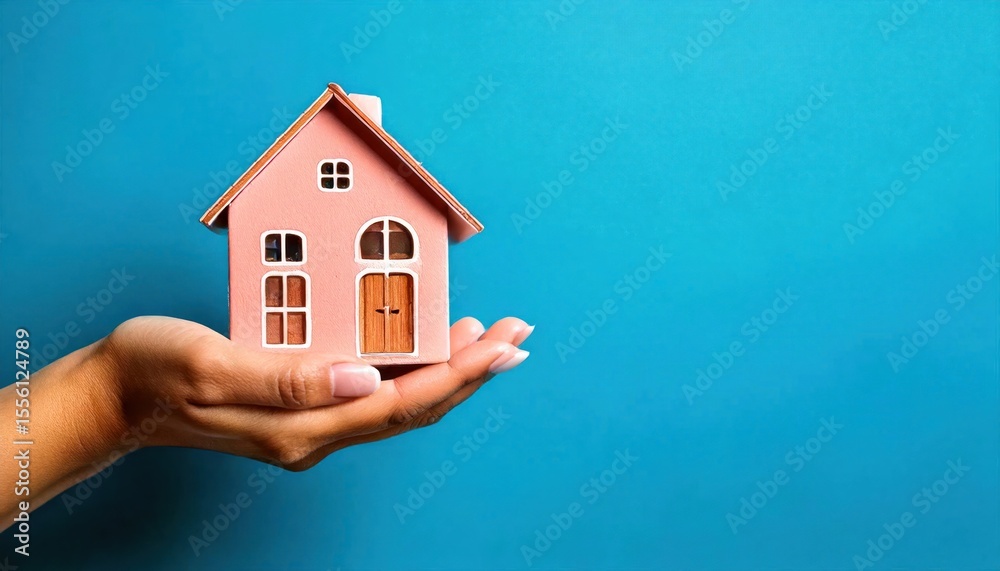 Property Concept Female Hands Holding Miniature House on Blue Background Property Concept Female Hands Holding Miniature House on Blue Background