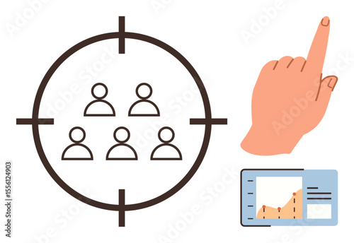 Focus group inside target scope, hand pointing, and analytics chart represent audience targeting, marketing strategy, user engagement, business optimization, demographics, and data-driven