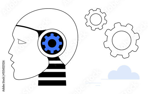 Profile view of a head with a blue gear inside, surrounded by two gears and a small cloud. Ideal for technology, AI, innovation, automation, synergy, future, simple landing page