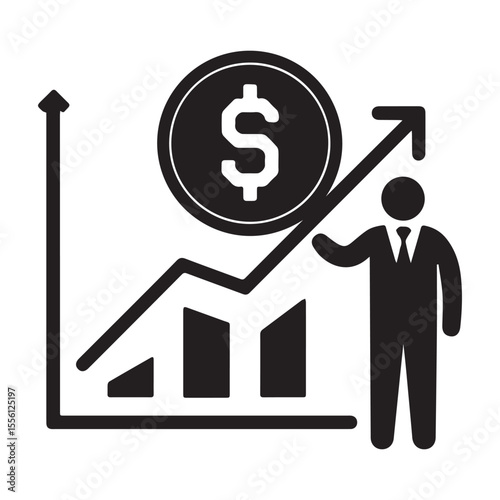 Graph with dollar sign icon, representing financial analysis, flat style Silhouette.