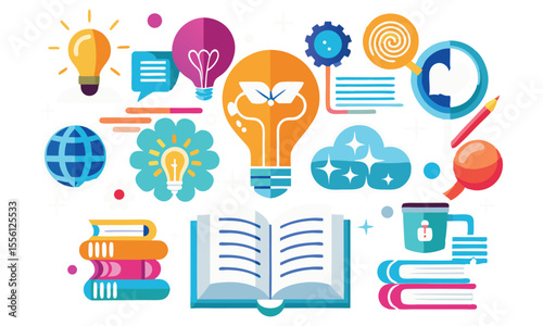 Collection of colorful flat design icons representing education ideas and learning including lightbulbs books a globe and gears on a white background
