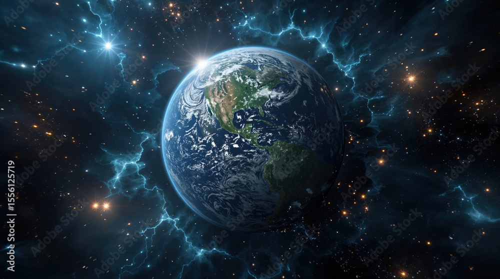 Obraz premium Earth From Space Surrounded By Stars And Blue Nebula In Stunning High Resolution View