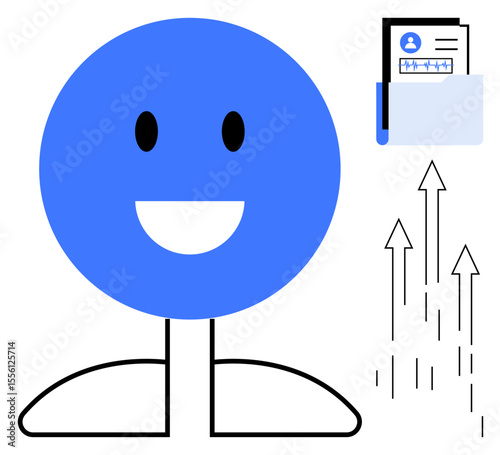 Smiling figure with upward arrows symbolizing advancement, alongside a document in a folder. Ideal for success, progress, achievement, personal growth, career development, positivity, simple flat