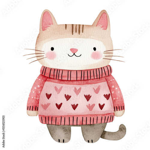 Cute fluffy cat wearing pink sweater with hearts, showcasing playful and cheerful expression